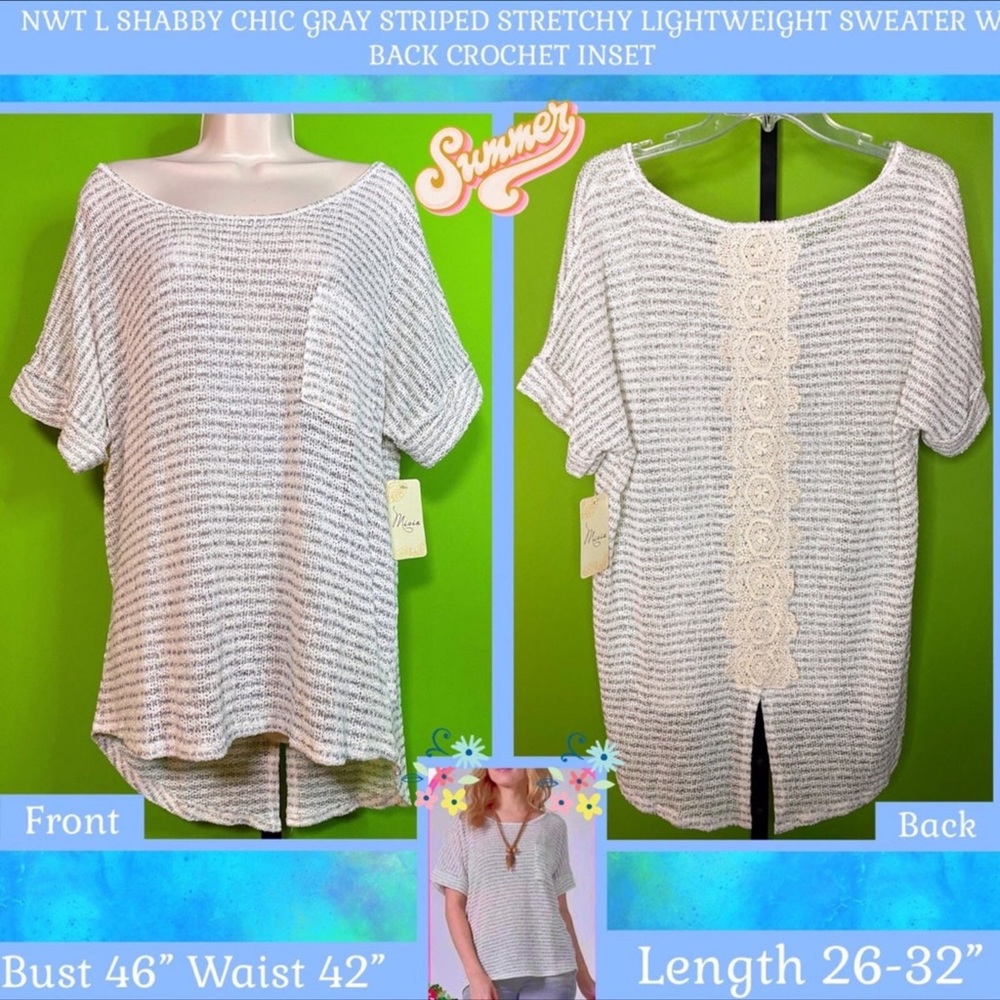 NWT L LIGHTWEIGHT SWEATER GRAY STRIPED STRETCHY W CROCHET LACE DET